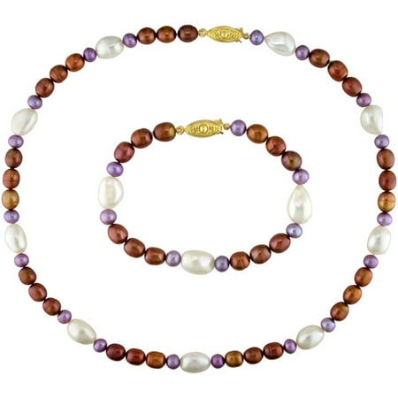 Akoya Pearl Necklace Bracelet Multi-Color Irregular Shape Cultured Freshwater Pearl Brass Set of Necklace and Bracelet, 18