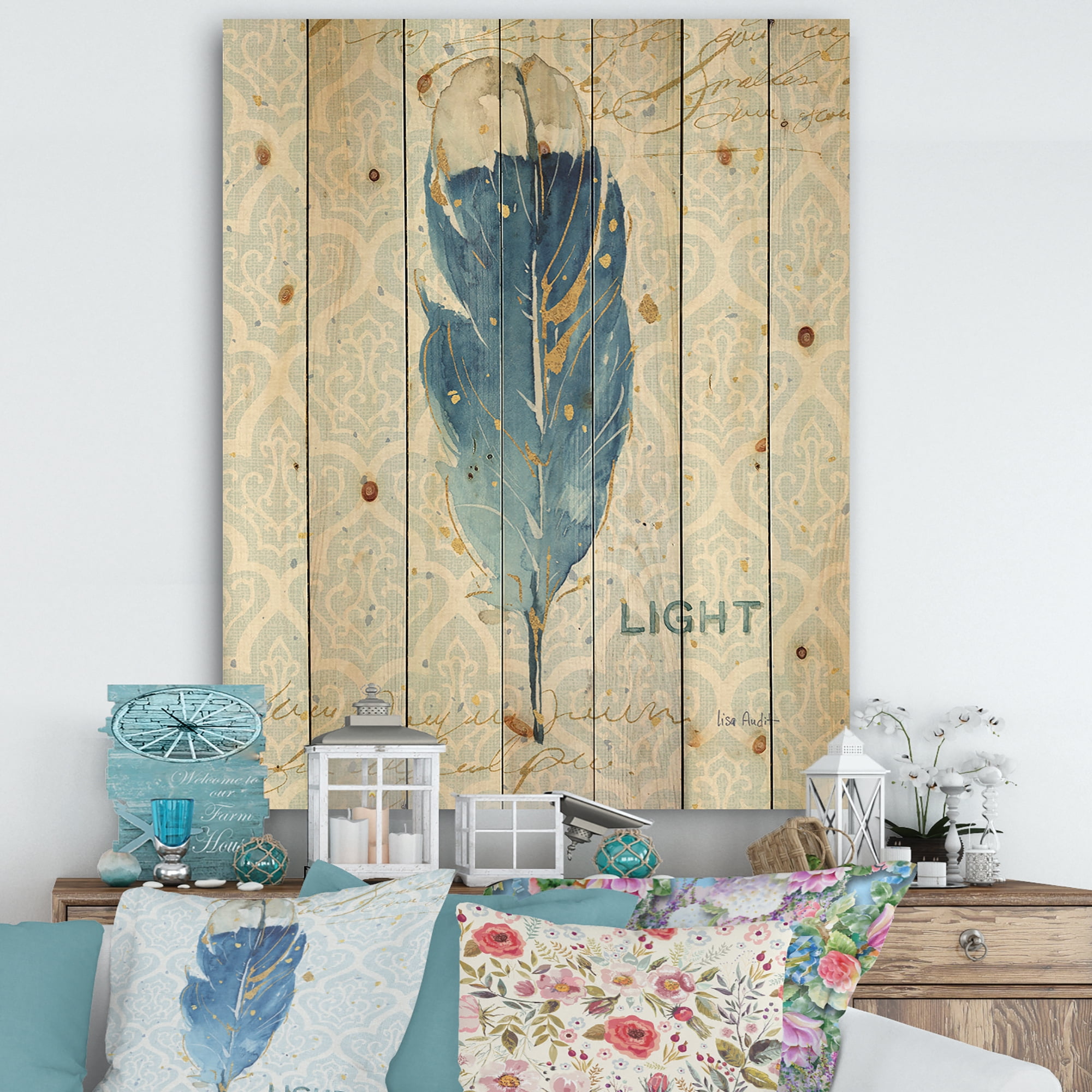 Designart 'Blue Damask Art Feather' Farmhouse Print on Natural Pine Wood