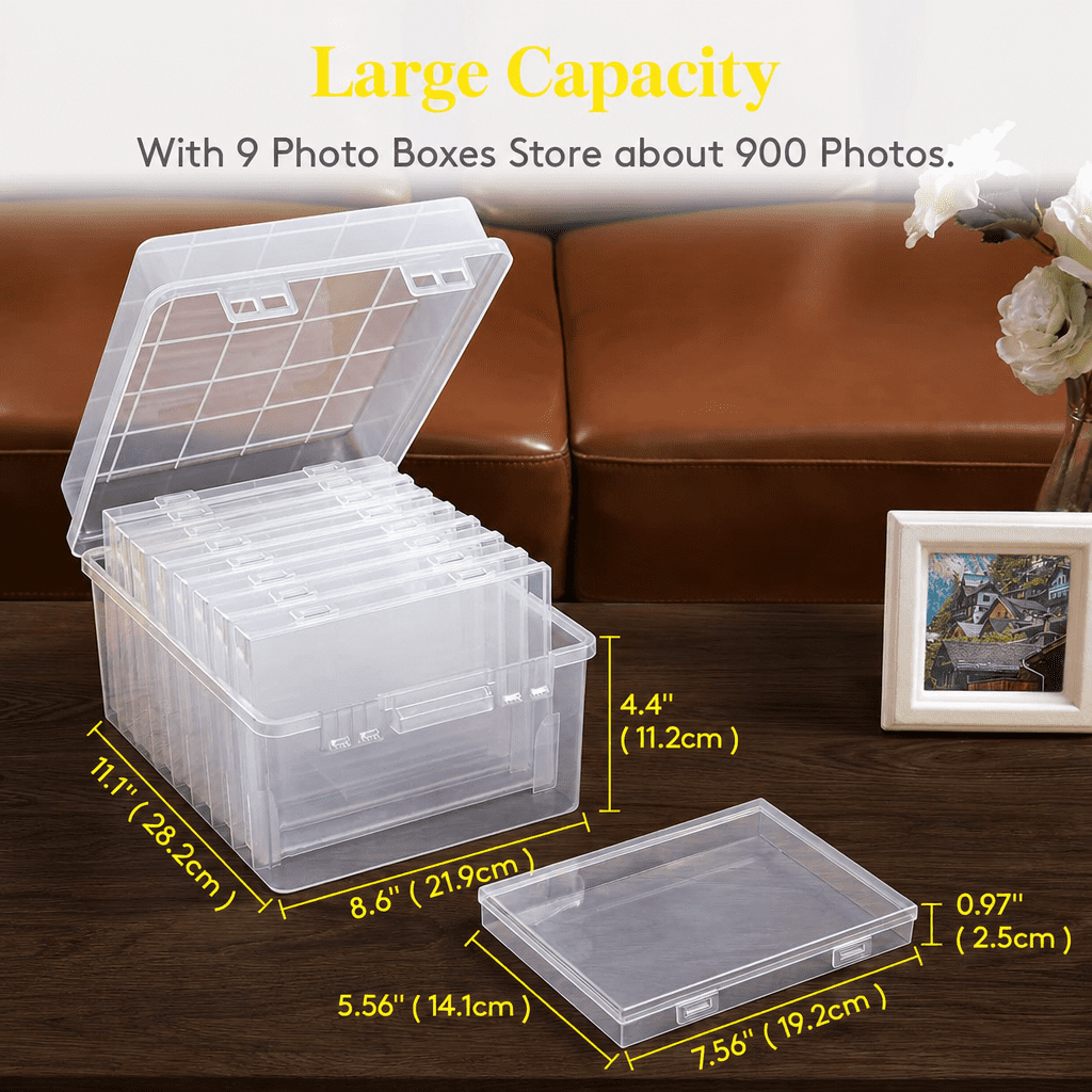 Norcho Photo Storage Set with 9 pcs 5" x 7" Inner Photo Boxes & 11 x 8.5 inch Transport Case, Craft Organizer for Seeds, Cards, Pictures, Office Supplies with Label Stickers