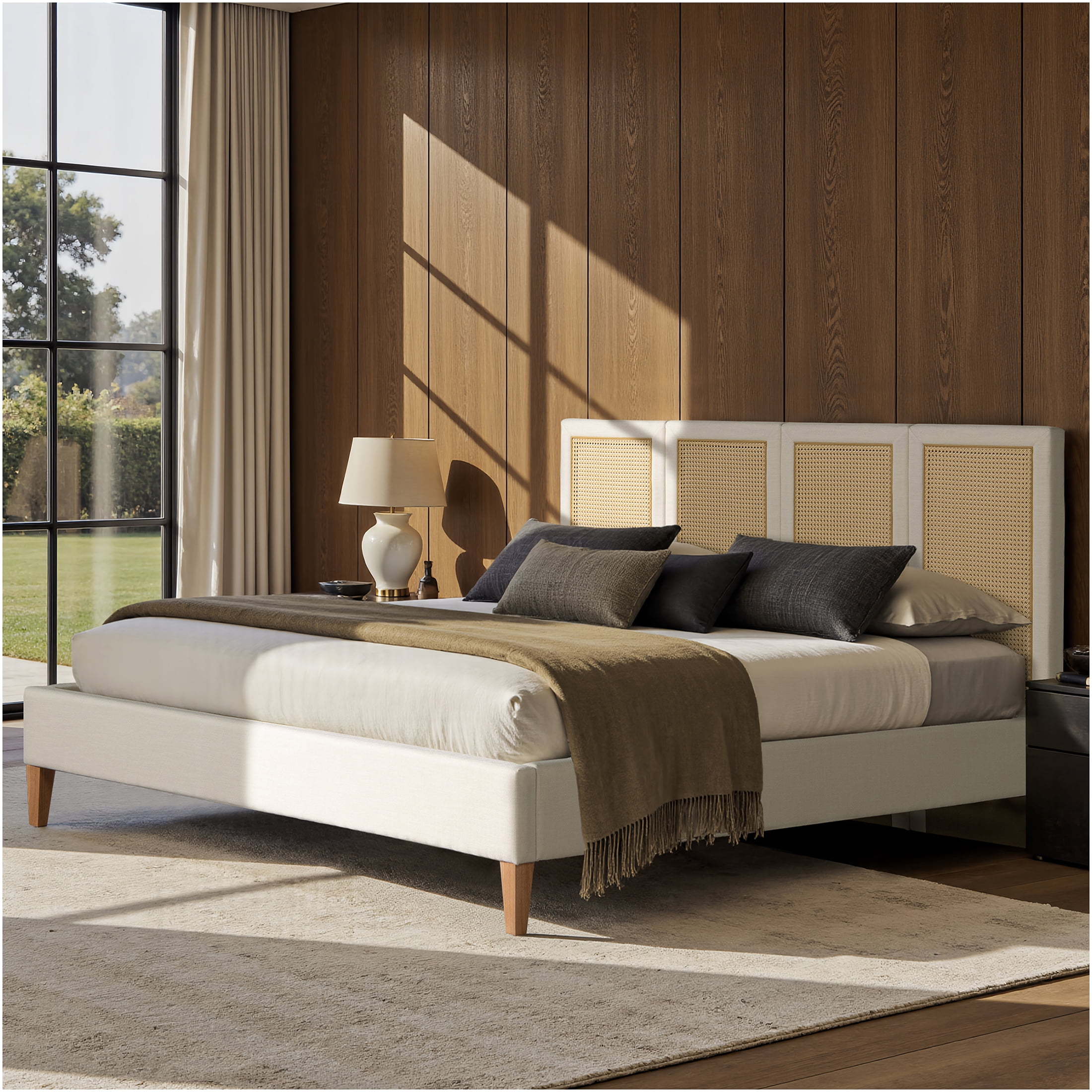 JERFIT King Size Upholstered Platform Bed Frame with Cane Rattan Headboard, Bohemian Coastal Bedroom Furniture in Antique White