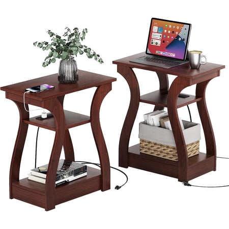 End Table Set of with Charging Station Side Table with Ports and Outlets Nightstand End Table with Storage Shelf for Living Room Bedroom