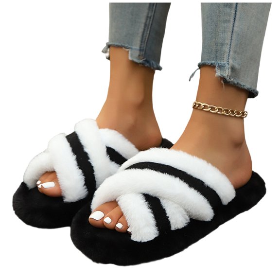 ZVNAΖH Women's Winter Thick Sole Plush Slippers Warm Fluffy Crisscross Strap Indoor Outdoor House Shoes