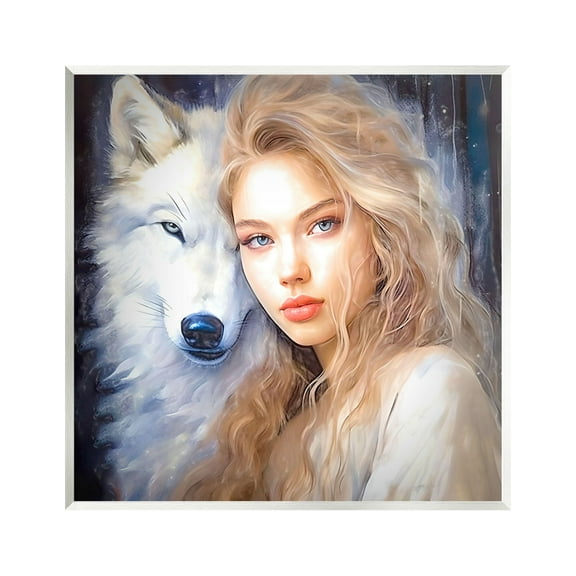 Stupell Industries Woman with White Wolf Animals & Insects Painting Unframed Art Print Wall Art, 12 x 12