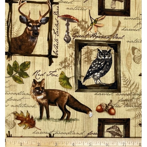 1 Yard - Deer Fox Owl on Tan Cotton Fabric (Great for Quilting, Sewing, Craft Projects, Throw Pillows & More) 1 Yard X 44" Wide