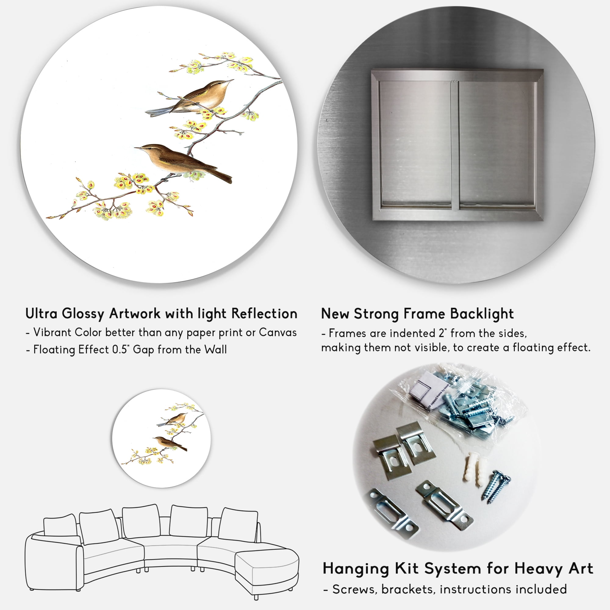 Designart 'Little Birds Sitting On The Tree Branches II' Traditional Circle Metal Wall Art 36x36 - Disc of 36