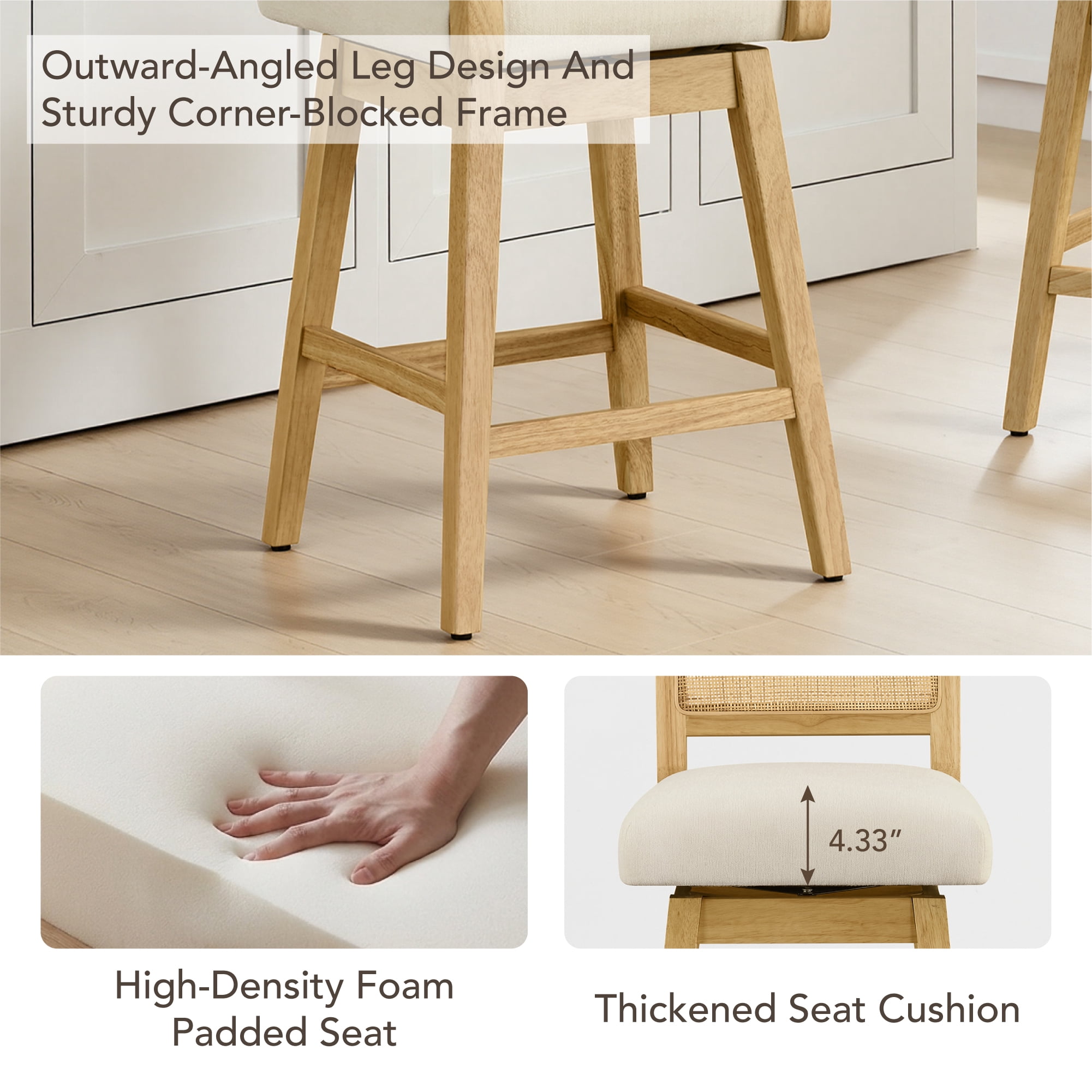 Spruce & Spring 25" Counter Height Swivel Bar Stools Set of 2 with Handmade Rattan Back and Upholstered Seats for Kitchen Island, Natural