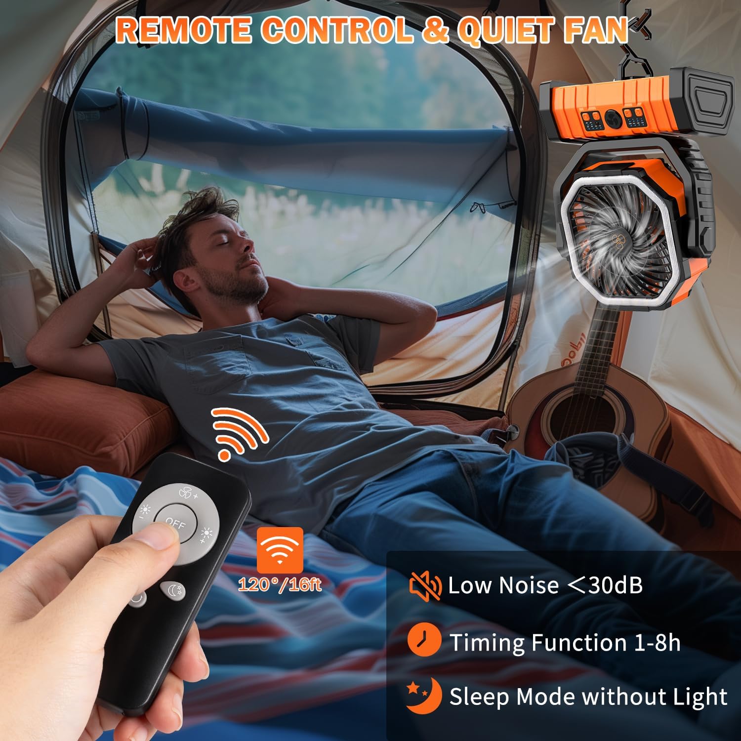 20000mAh Large Battery Powered Fan, 4Speed Rechargeable Fan Portable with Remote, Battery Operated Fans with LED Light and Hanging Hook