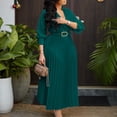 thumbnail image 4 of AURA Womens V Neck Pleated Midi Dress High Waist Belted A Line 3 4 Sleeve Work Office Elegant Spring Dress with Zipper, 4 of 5