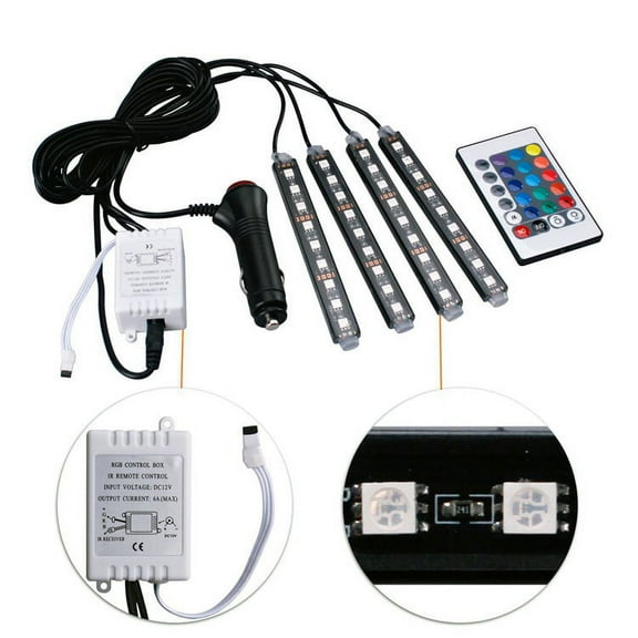 4pcs 9leds Car Interior RGB Atmosphere Lights decorative led strip Car Interior Light with remote controller
