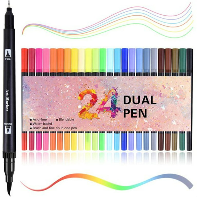 Corslet 24 Pcs Dual Tip Art Pens Color Dual Marker Brush  Water Based Marker for Drawing - Dual Tip Art Pens Color Dual Marker Brush  Pens 24 Colors, Water Based