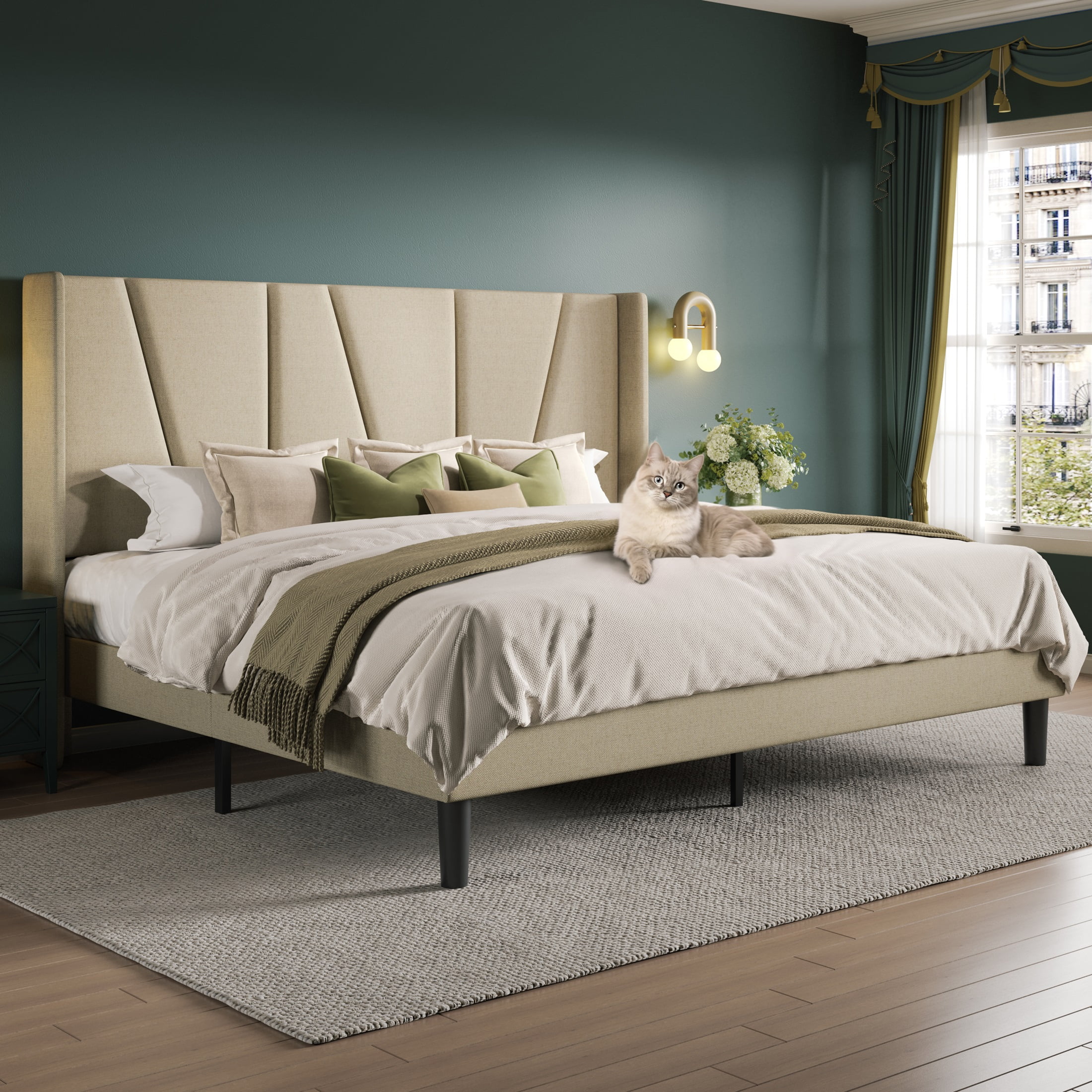 Allewie Queen Bed Frame, Upholstered Platform Bed with Wingback and Geometric Headboard, Beige