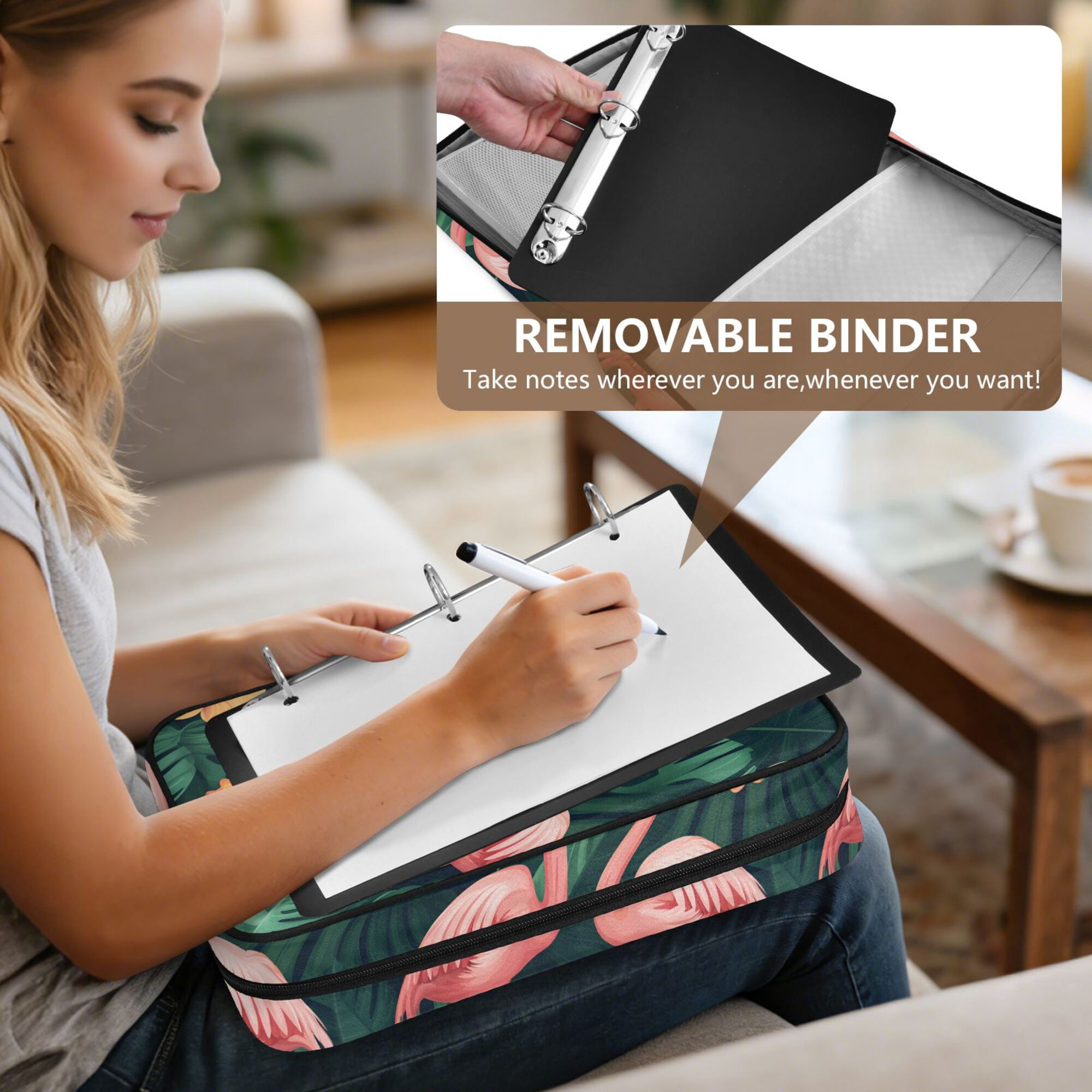 FORMRS Accordion File Folder A4 Size 7-Pocket Expanding Document Organizer Bag with 3 Ring Binder, Flamingo Leaves Pattern