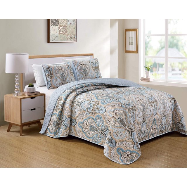 Luxury Home Collection Ensemble Couvre-Lit Réversible Matelassé 3 Pcs King/California King Imprimé Floral Bleu Taupe