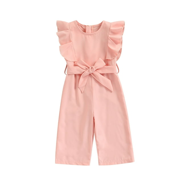 ITFABS Combinaison Décontractée Longue pour Enfants, Couleur Unie à Volants Col Rond Sans Manches avec Ceinture pour Filles