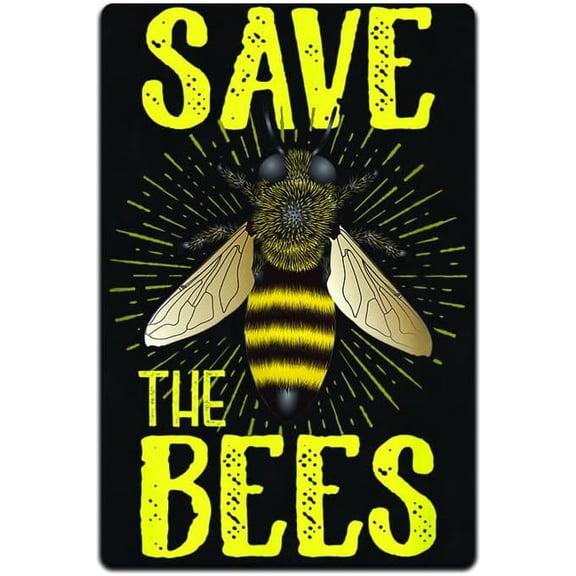 Honey Bee Tin Metal Sign, Save The Bees Garden Decor, 12 x 8 Inch, Honeycomb and Wildflower Design for Indoor or Outdoor Use