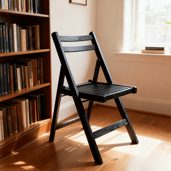 Folding Special Event Chair - Slatted Wood Foldable Style (Black, Set of 4) for Parties Weddings Gatherings