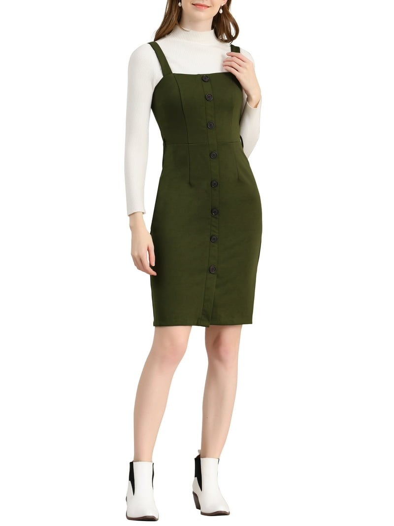 INSPIRE CHIC Women's Button Decor Bow Tie Waist Suspender Overall Jumper  Dress XS Army Green - Walmart.com