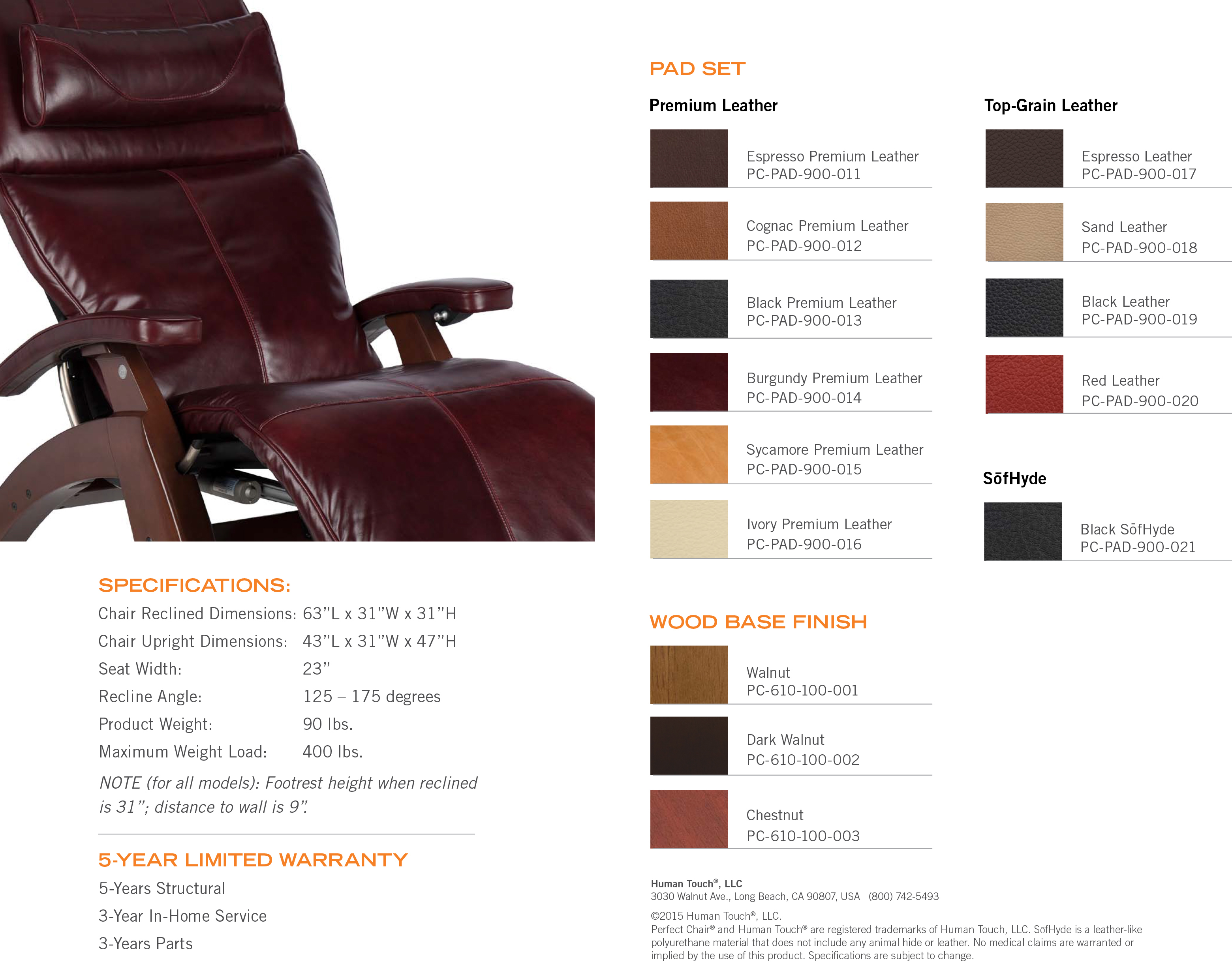 Human Touch PC-610 Omni-Motion Perfect Chair Power Dark Walnut Zero-Gravity Recliner + Memory Foam Plus Kit - Black Premium Leather - image 3 of 4