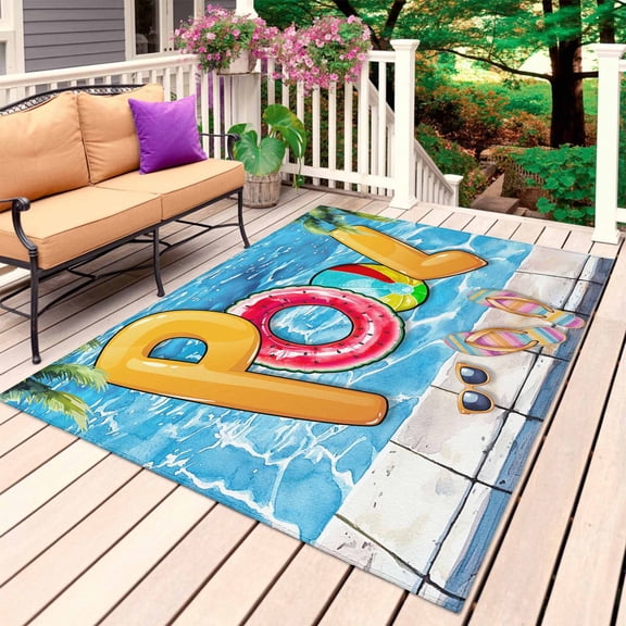 Blue Summer Pool Outdoor Rug 4x6 Ft, Non Slip Washable Area Rug, Watermelon Swimming Ring Slippers Patio Rugs Carpet Runner, Large Floor Mat for Indoor/Outdoor Deck Porch Camping
