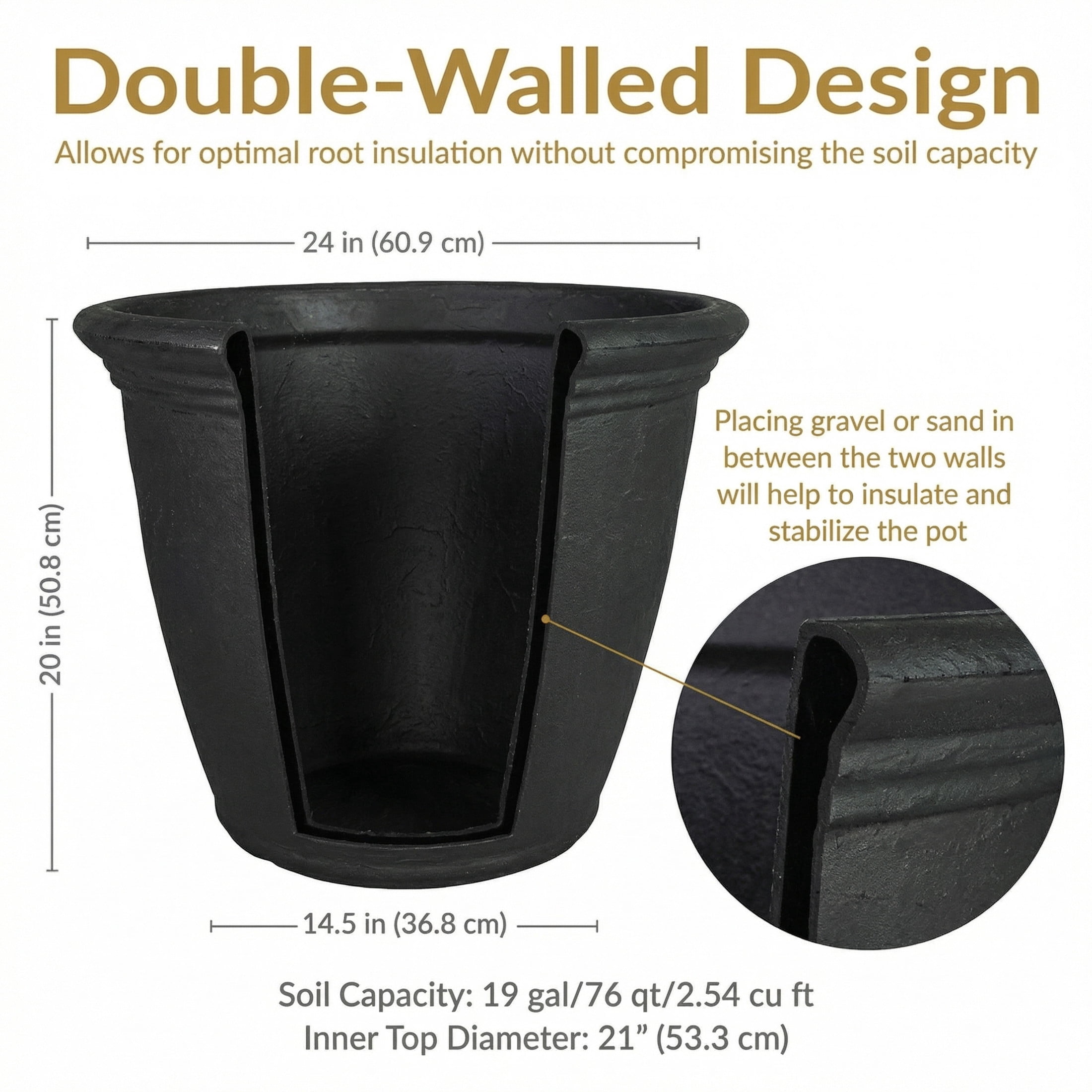 Sunnydaze Anjelica 24" x 24" x 20" Round Matte Black Polyresin Outdoor Planter Pot