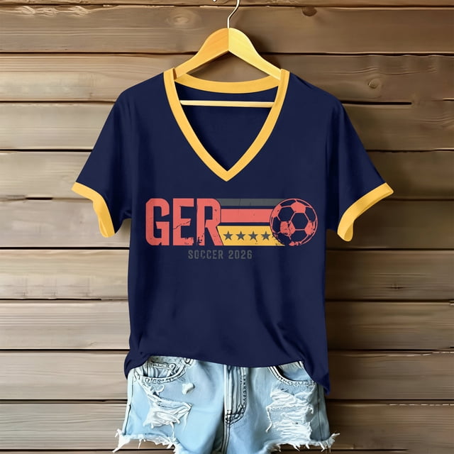 Women's Football Graphic T-Shirt, Women's Fashion V-Neck Short Sleeve T-Shirt with Letter Print for Casual Wear for Soccer Tournament 2026 Navy Size: 2XL