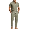 thumbnail image 2 of LEKWK 2 Piece Pajama Set for Men Short Sleeve Button Down Shirt and Drawstring Pants Lightweight Breathable Sleepwear Summer Casual Lounge Outfit Army Green M, 2 of 6