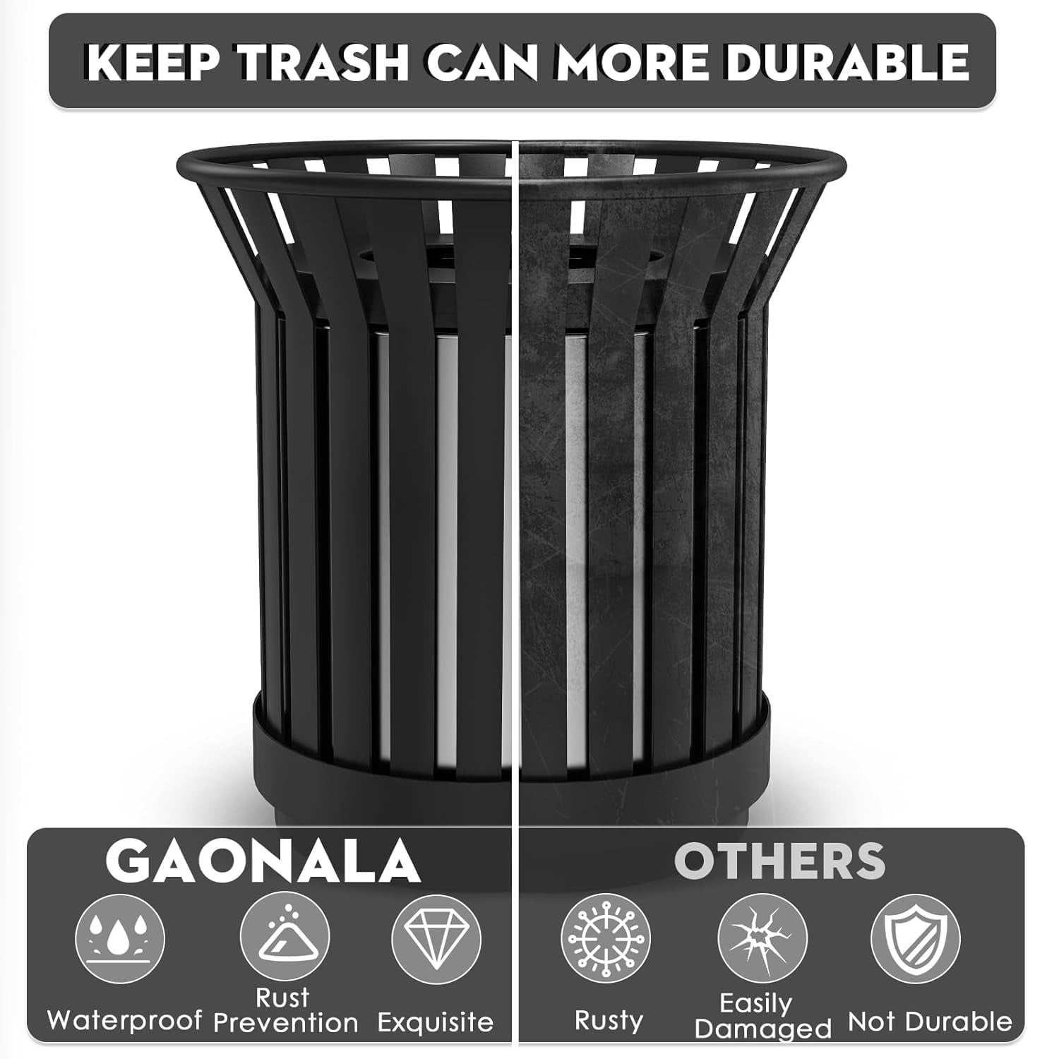 Gaonala Outdoor Metal Slatted Trash Can 30 - 52 Gallon Commercial Grade with Removable Inner Bin Waste Receptacle in Park School Beach Patio(Black)