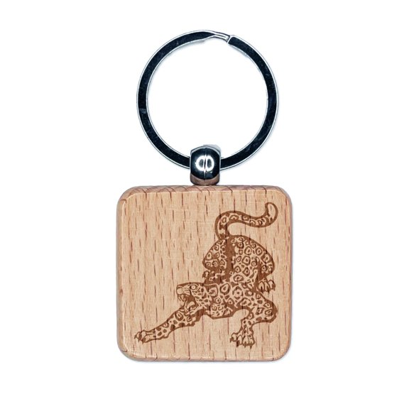 Fierce Crouching Jaguar Jungle Cat Square Keychain Charm Tag - Engraved Wood