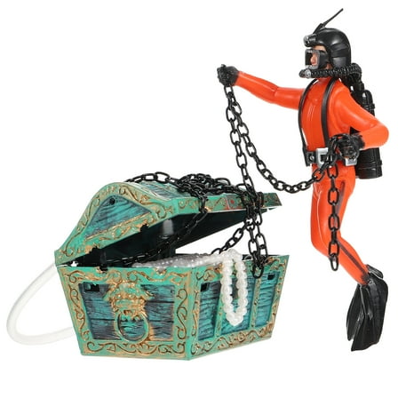 Fish Tank Diver Decor Aquarium Decoration Treasure Chest Bubbles Orange