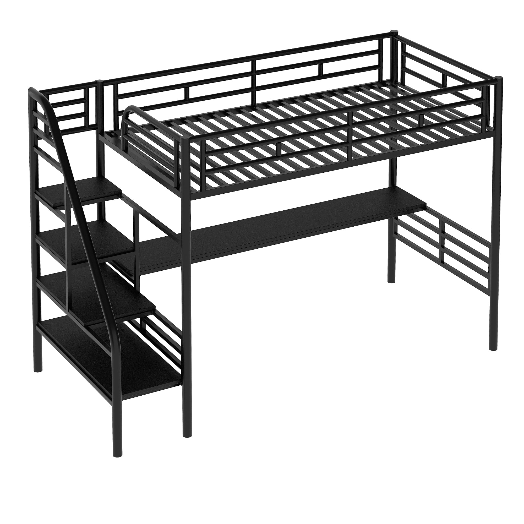 Euroco Metal Twin Size Loft Bed with Desk and Shelves, Heavy Duty Metal Slats, No Box Spring Required, Black