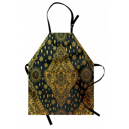 Mandala Apron Bohemian Paisley Ornament Henna Tattoo Ethnic Tribal Vintage Design, Unisex Kitchen Bib Apron with Adjustable Neck for Cooking Baking Gardening, Charcoal Grey Mustard, by Ambesonne
