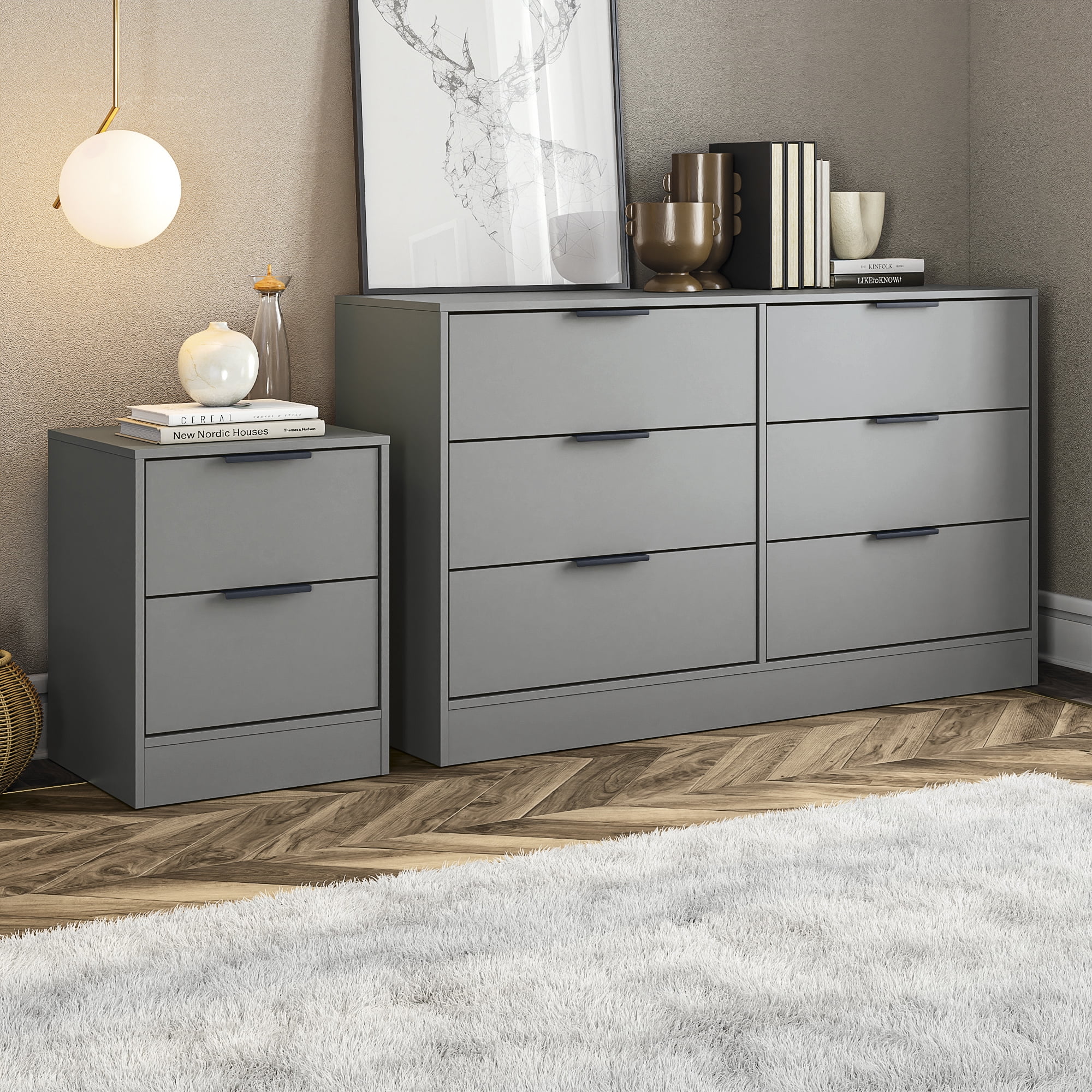 grey dresser and nightstand Everly Living Durham 6-Drawer Dresser and Mirror Set in Gray
