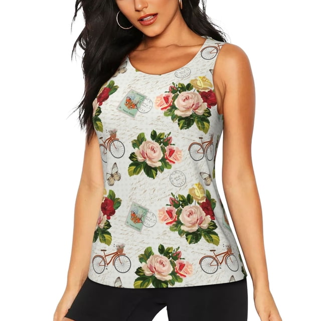 Balery Vintage Bike Flower Butterfly Camiseta sin mangas estampada ligera para mujer, tops de entrenamiento sin mangas, camisetas de yoga transpirables de secado rápido.-XX-Large