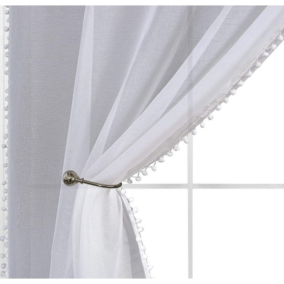 Diamond Home 2 Piece Set Linen Look Pom Pom Tasseled Rod Pocket Semi Sheer Window Treatment Panel Curtains/Drapes (52" X 84", White)
