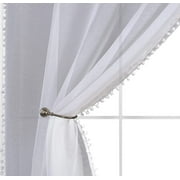 Diamond Home 2 Piece Set Linen Look Pom Pom Tasseled Rod Pocket Semi Sheer Window Treatment Panel Curtains/Drapes (52" X 84", White)