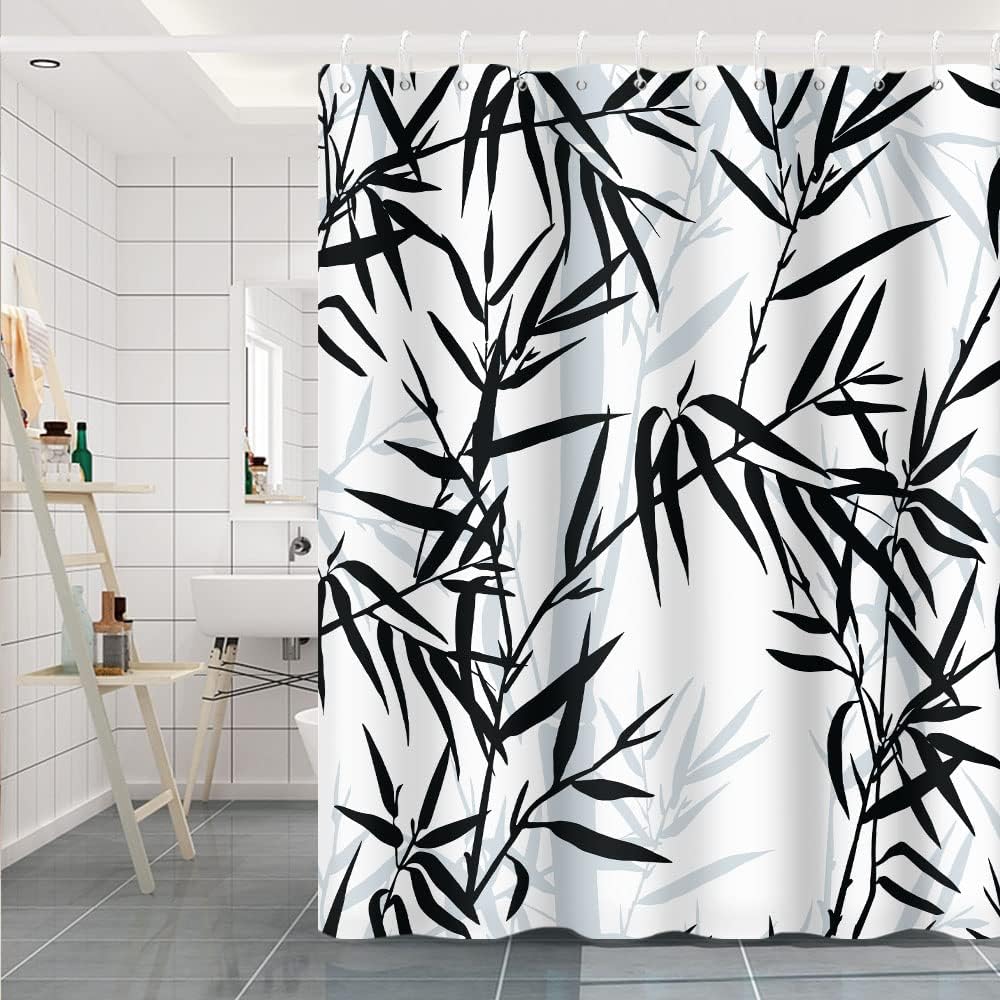 Sonernt Black Bamboo Shower Curtain Set for Bathroom Abstract Leaves