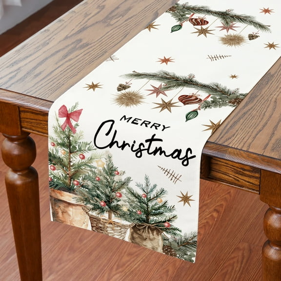 Merry Christmas Table Runner, Christmas Trees Holly Pine Cone Winter Kitchen Dining Home Party Decor, 13x72 inch, Polyester