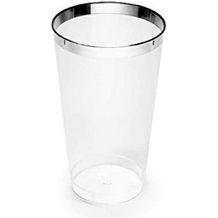 

OCCASIONS 100 Piece Wedding Party Disposable Plastic Tumblers Cups (14 Oz Clear & Silver Rimmed Tumbler)