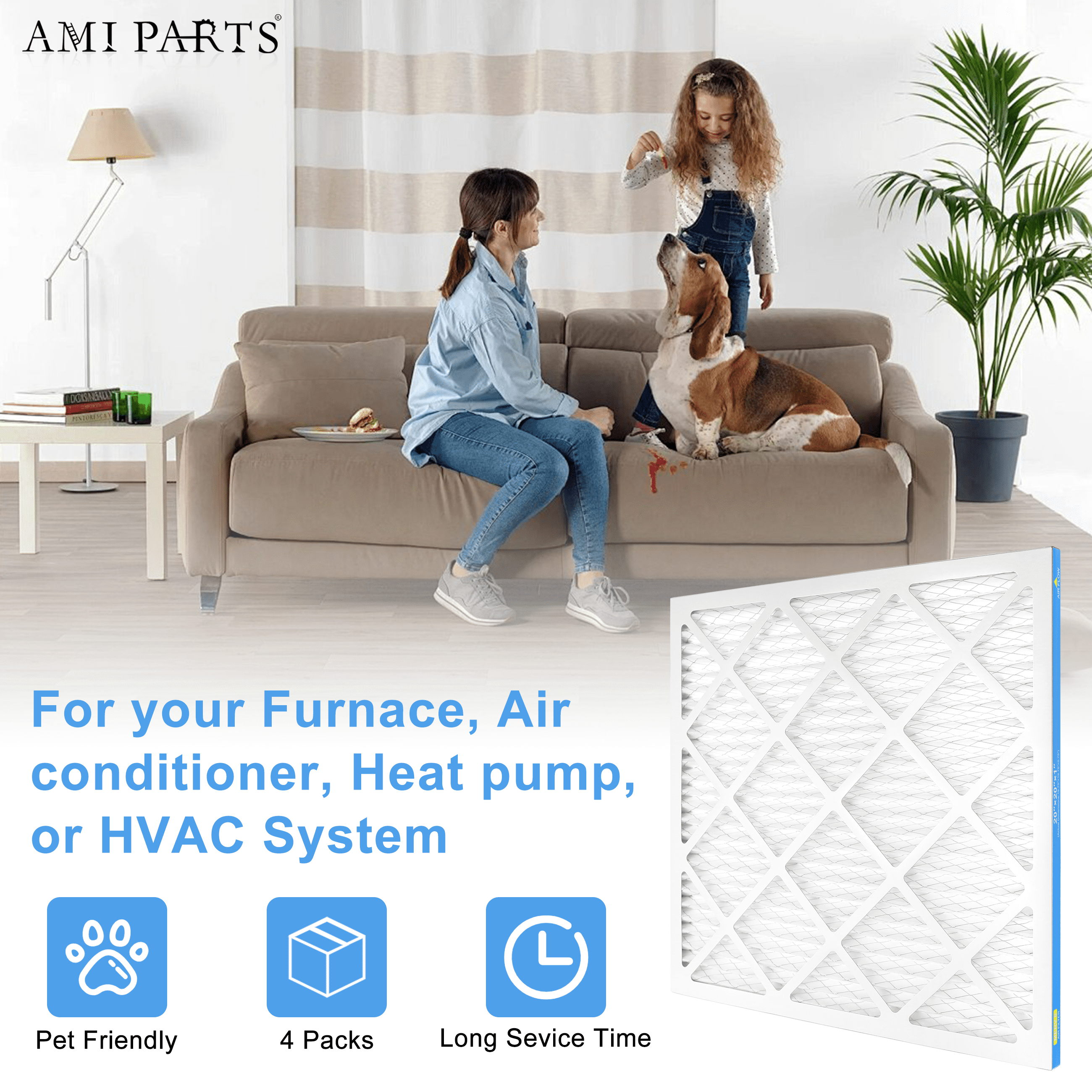 AMI PARTS 20x20x1 Furnace Air Filter MERV8 (MPR 600) Dust Reduction, Pleated HVAC AC Air Filters, 4 Filters