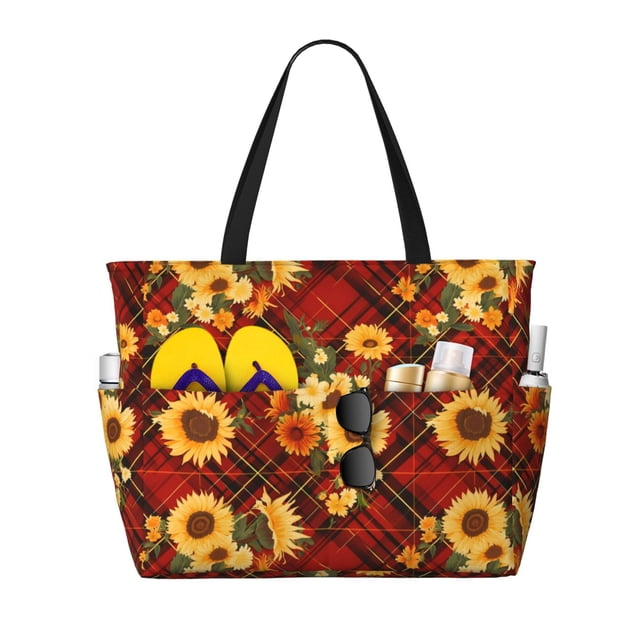Easygdp Red Plaid Sunflower Bolsa de Viaje de Playa de Gran Capacidad, Bolsa Tote Perfecta para la Playa, Escapadas de Fin de Semana y Viajes