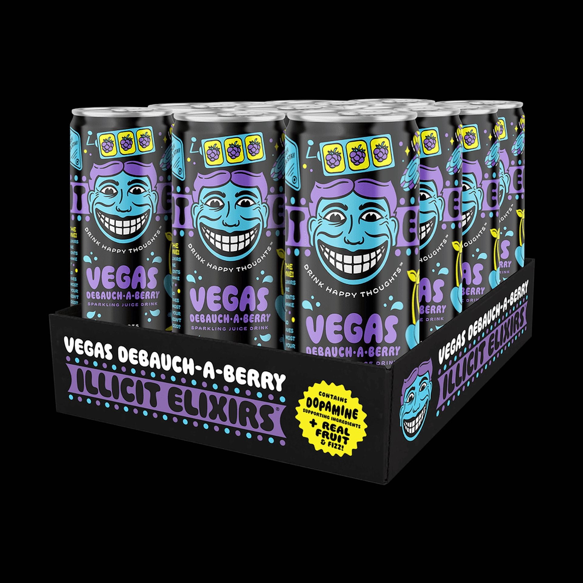 Illicit Elixirs Vegas Debauch-A-Berry - Sparkling Juice Drink - Supports Dopamine Production - 12 Pack - 12 Oz Cans