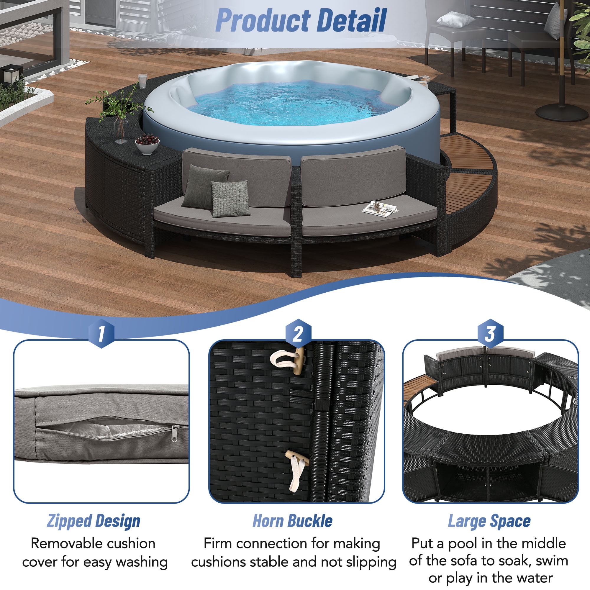 Round Hot Tub Surround Furniture, Spa Surround Outdoor Rattan Sectional Sofa Set with Mini Sofa, Solid Acacia Wood Hot Tub Storage Surround Patio Furniture Set, Gray Cushion