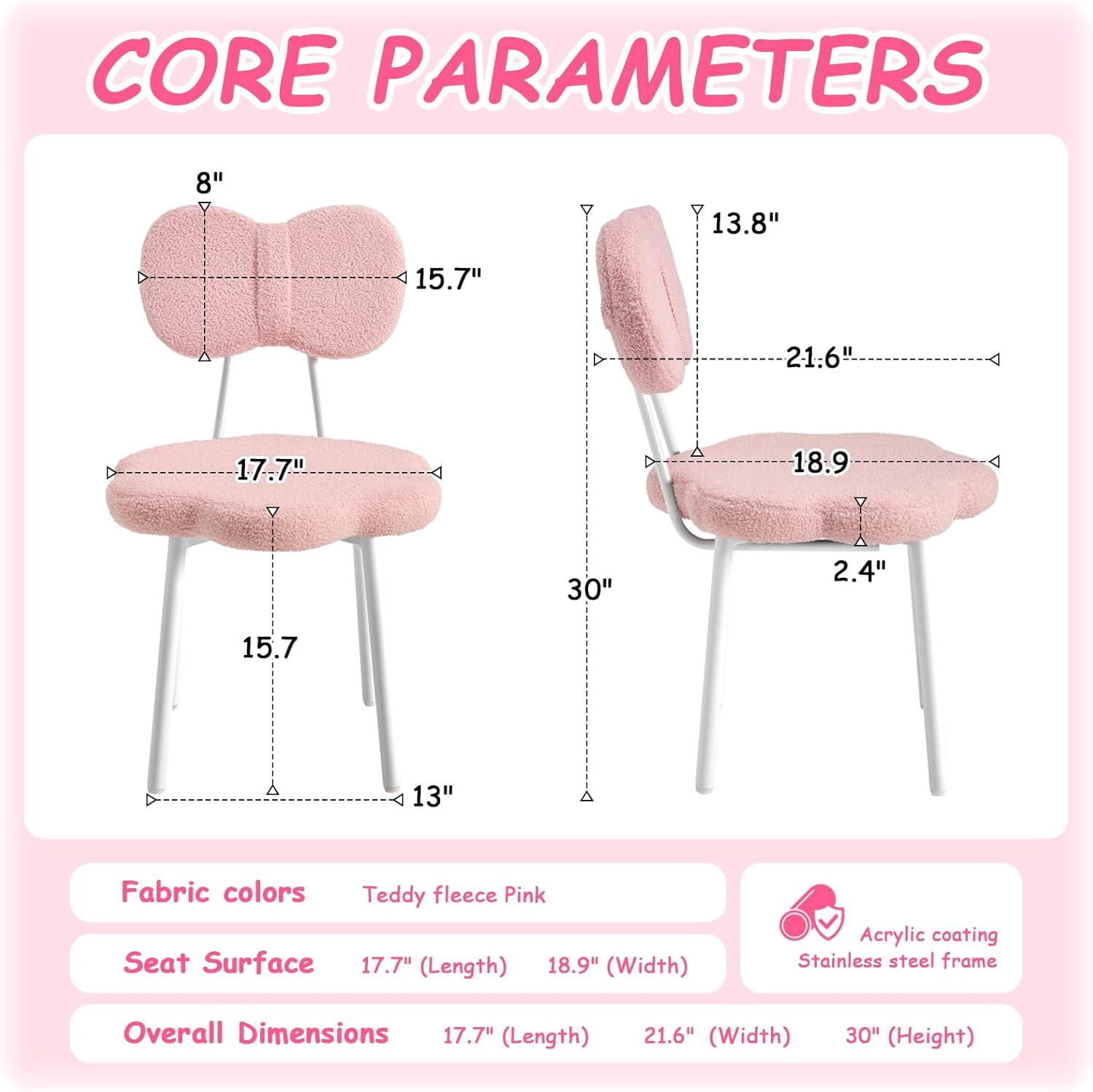 Teen Girls Vanity Chair Kids Desk Chair Teddy Fleece Armless Office Roller Chair Kids Task Reading Seat for Girls Student Chair for Study (Pink)