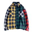 thumbnail image 4 of Mens Plaid Shirt Color Block Shirt Long Sleeve Button Collar Asymmetrical Hem Casual Streetwear Top Yellow L, 4 of 4