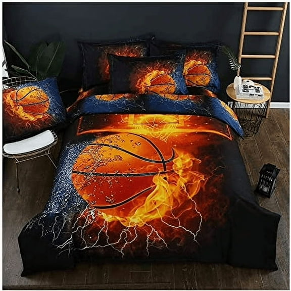 3D Sports Fire Basketball Bedding Set for Boys & Teens - Twin Size 66x90 Inch, 3PC (Duvet Cover 2 Pillow Shams) - Cool Athletic Teen Room Decor, Gift for Kids