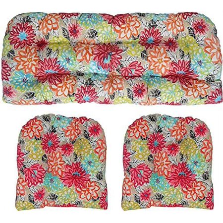 Indoor Outdoor 3 Piece Tufted Wicker Cushion Set, (Standard, Artistic Floral), Standard (Pack Of 1)