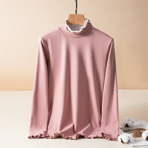 PNTUTB Women's Warm Fleece Solid Color Fashion Floral Trim Slim Casual Long Sleeve Crew Neck Base Layer Top