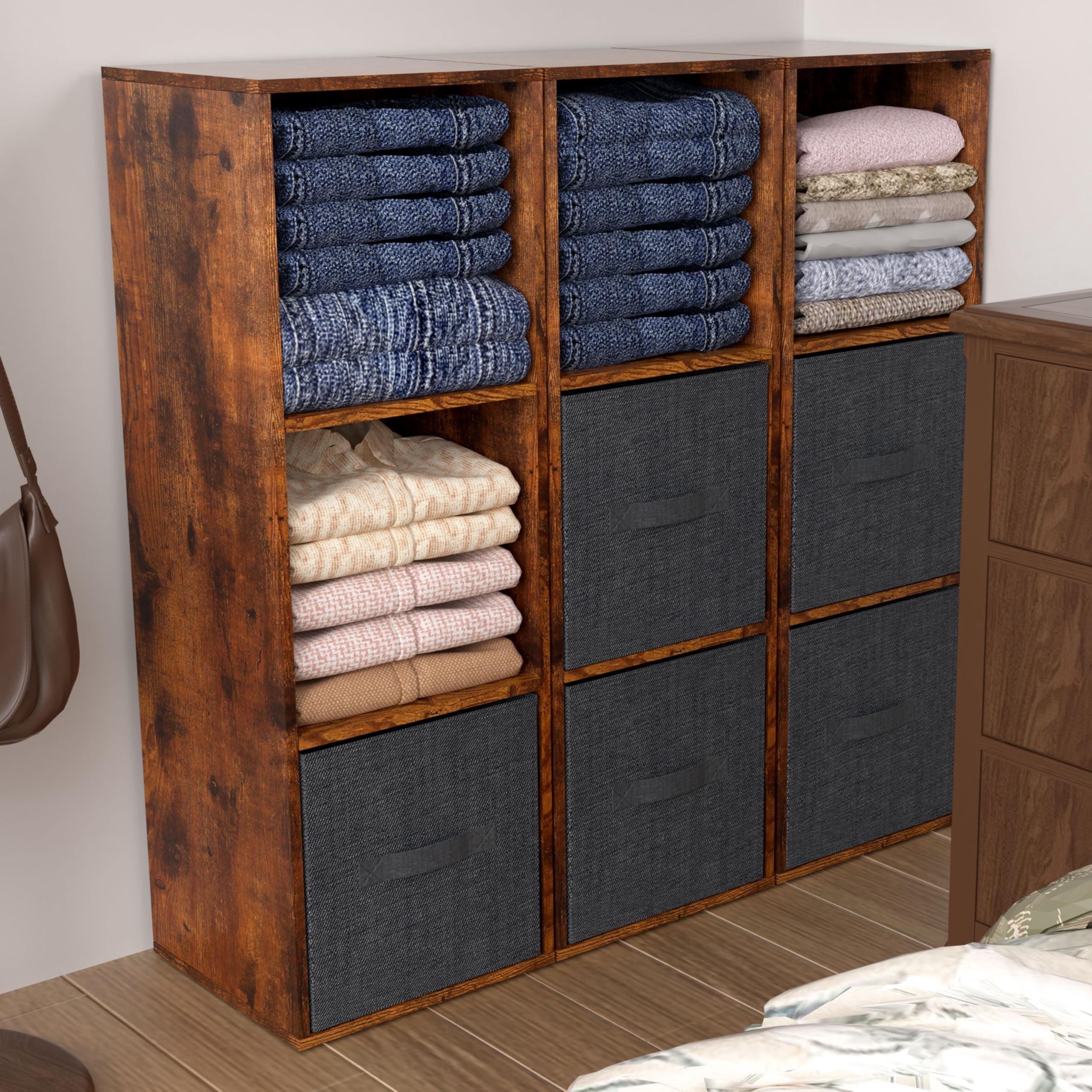 VAFHYLLIS 3 Cube Storage Organizer, 3 Tier Cube Low Bookcase Freestanding Storage Display Organizer for Home Office, Three-Cubes Open Shelf Short Bookshelf (Retro Brown, 3 Cube)