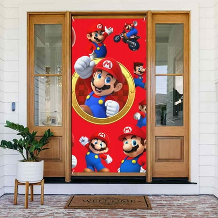 Mario Character Door Cover Decorated Banner Tapestry Home Decoration Holiday Party Supplies Door Banner Porch Sign Banner 72.8 x 35.4 Inch