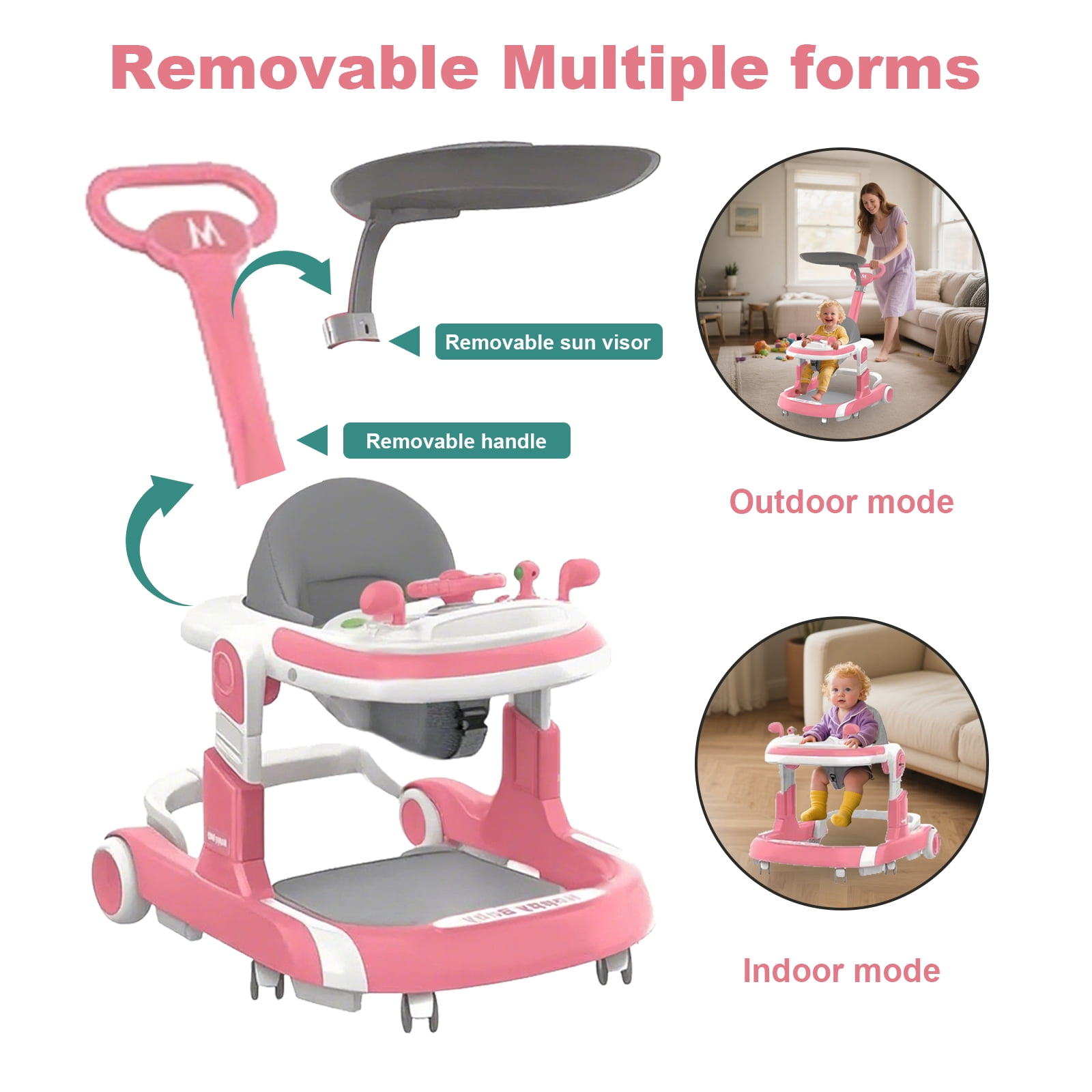 YUCHANG 4 in 1 Baby Walker with Wheels,Push Walker With Music Activity,Foldable and Height Adjustable,Pink
